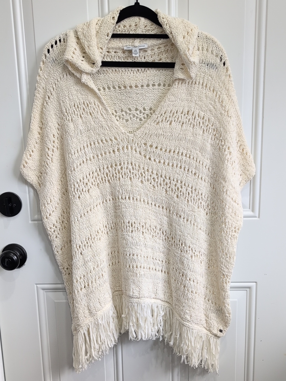 American Eagle Outfitters Cream Open-Knit Fringe Poncho